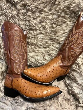 Men's COWTOWN Two-Tone Tan Ostrich & Leather Western Boots Sz 6.5 EE